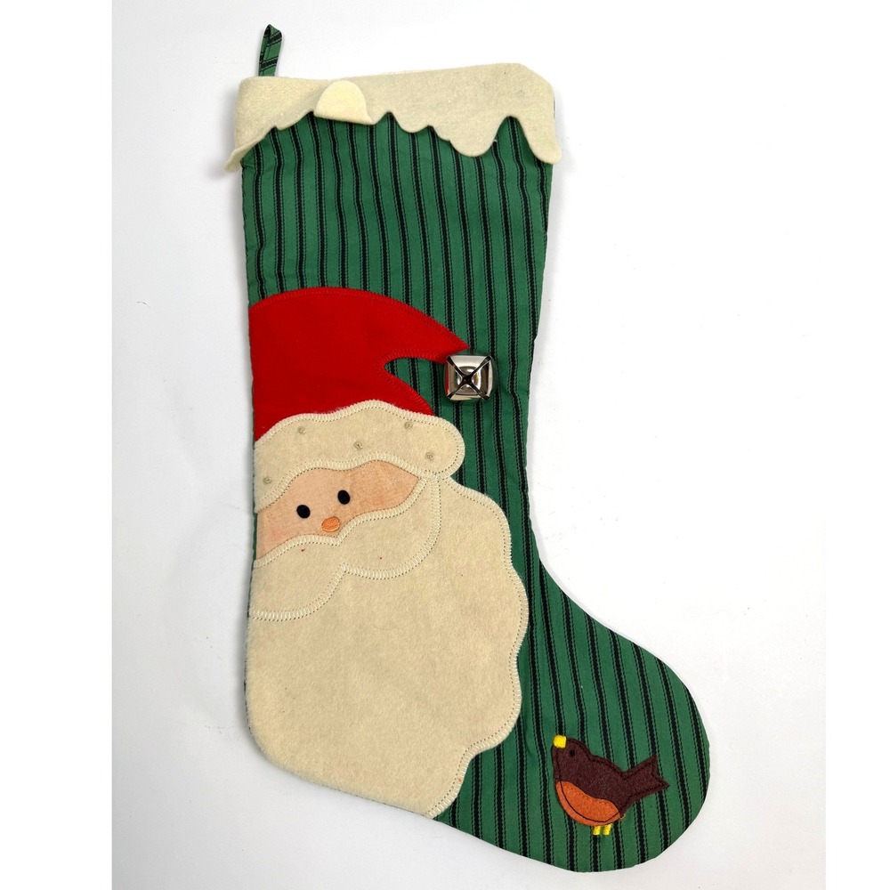 International Silver Co Christmas Stocking Santa Bell Green Striped - 17in